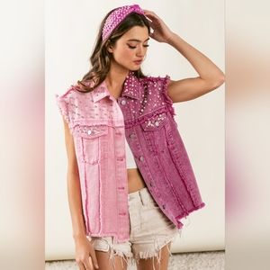 BiBi Pearl & Rhinestone  Decor Contrast Raw Hem Vest Coat